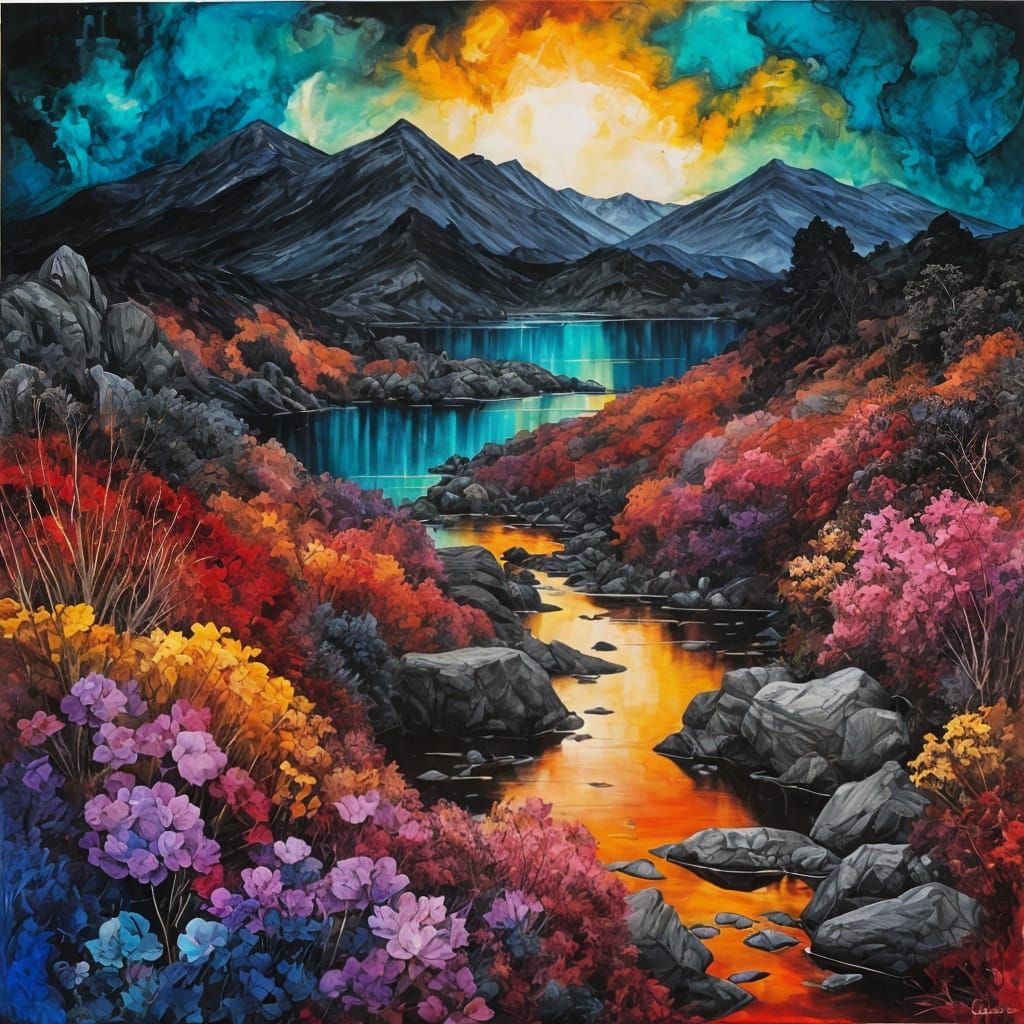 Pre-Raphaelite Maximalist Landscape in Grimdark Style