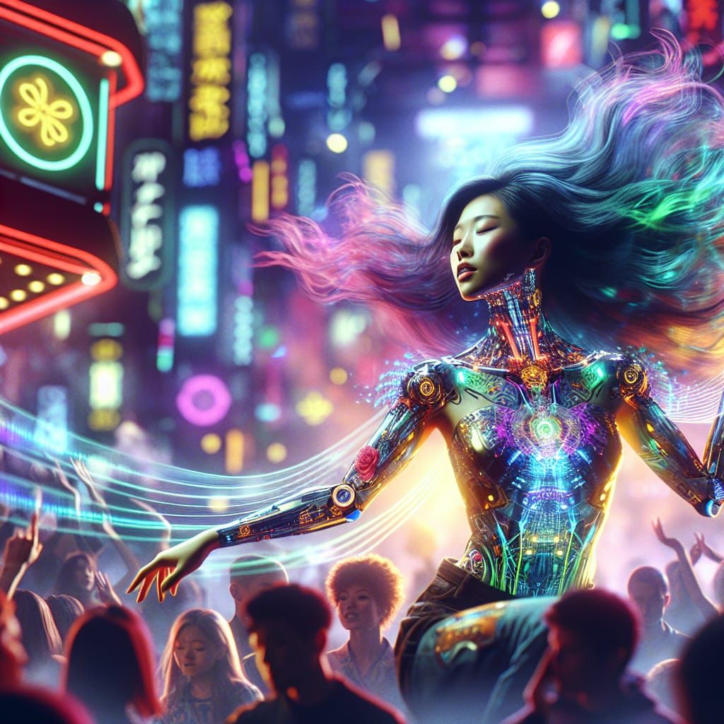 Elegant Cyberpunk Dancer in a Neon-Filled Nightclub
