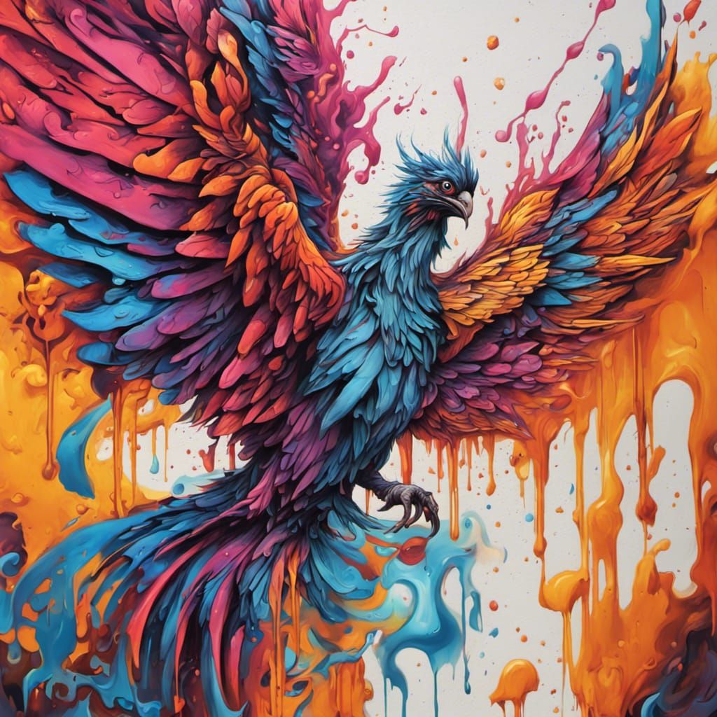 phoenix, graffiti art, splash art, street art, spray paint, oil gouache