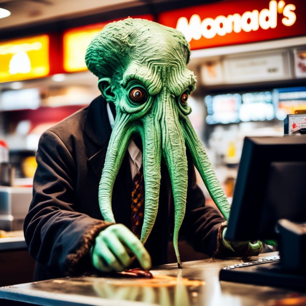 Kthulu working the cash register at McDonald's