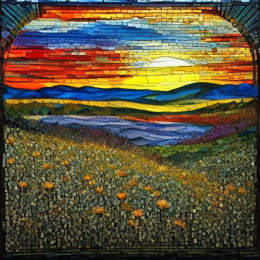 Stunning stained glass mosaic Sunset over field of intricate thick acrylic wildflowers. <lora:My Style:1.0> 