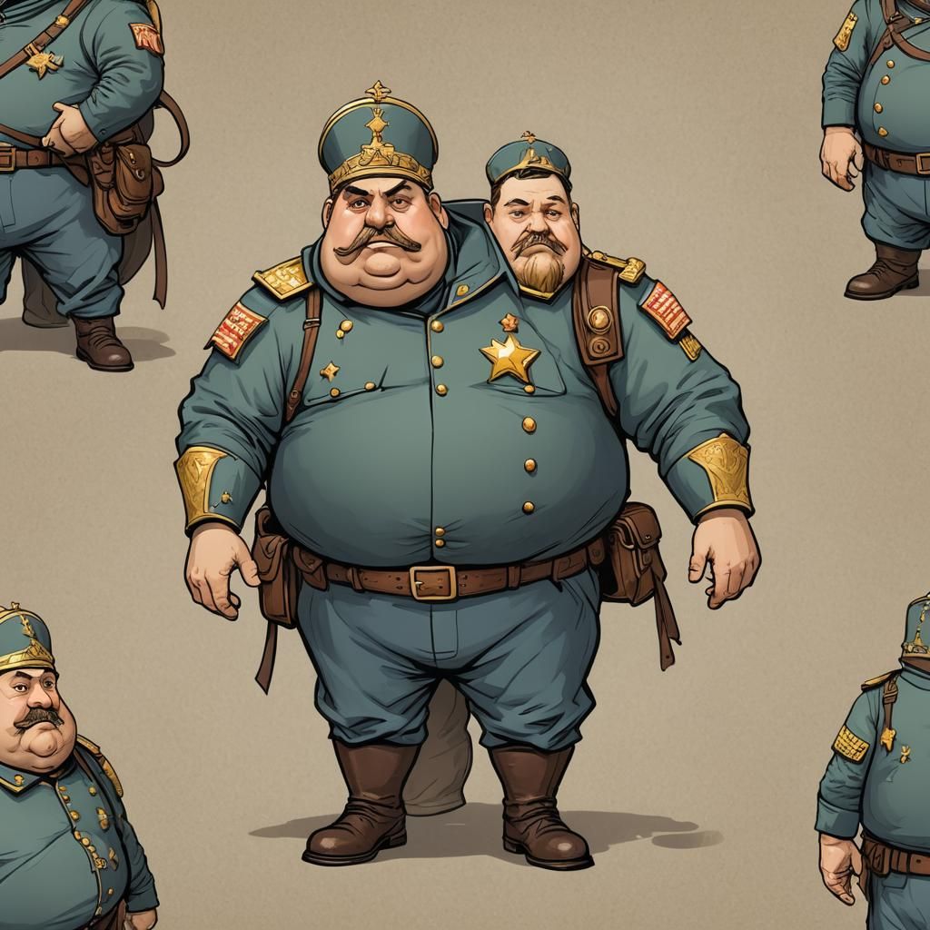 Draw a fat general with 5 stars on his shoulder straps. Depi...