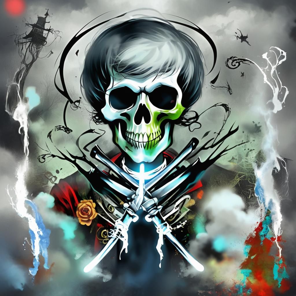 Surreal Skeletal Swordsman in Rainy Fantasy Art