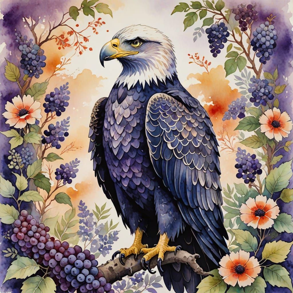 A delicate watercolor painting of a majestic eagle surrounded by lush vegetation and vibrant flowers, ...  by @BINA