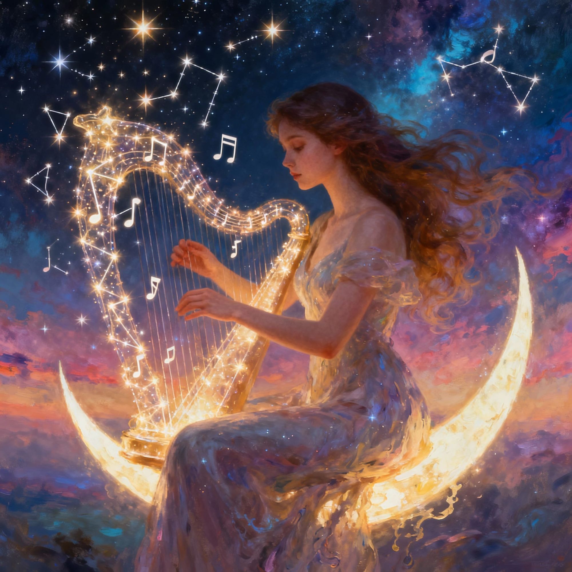 A beautiful young woman sits on a crescent of light, playing a harp made of glowing constellations. Each note transforms into radiant stars ...