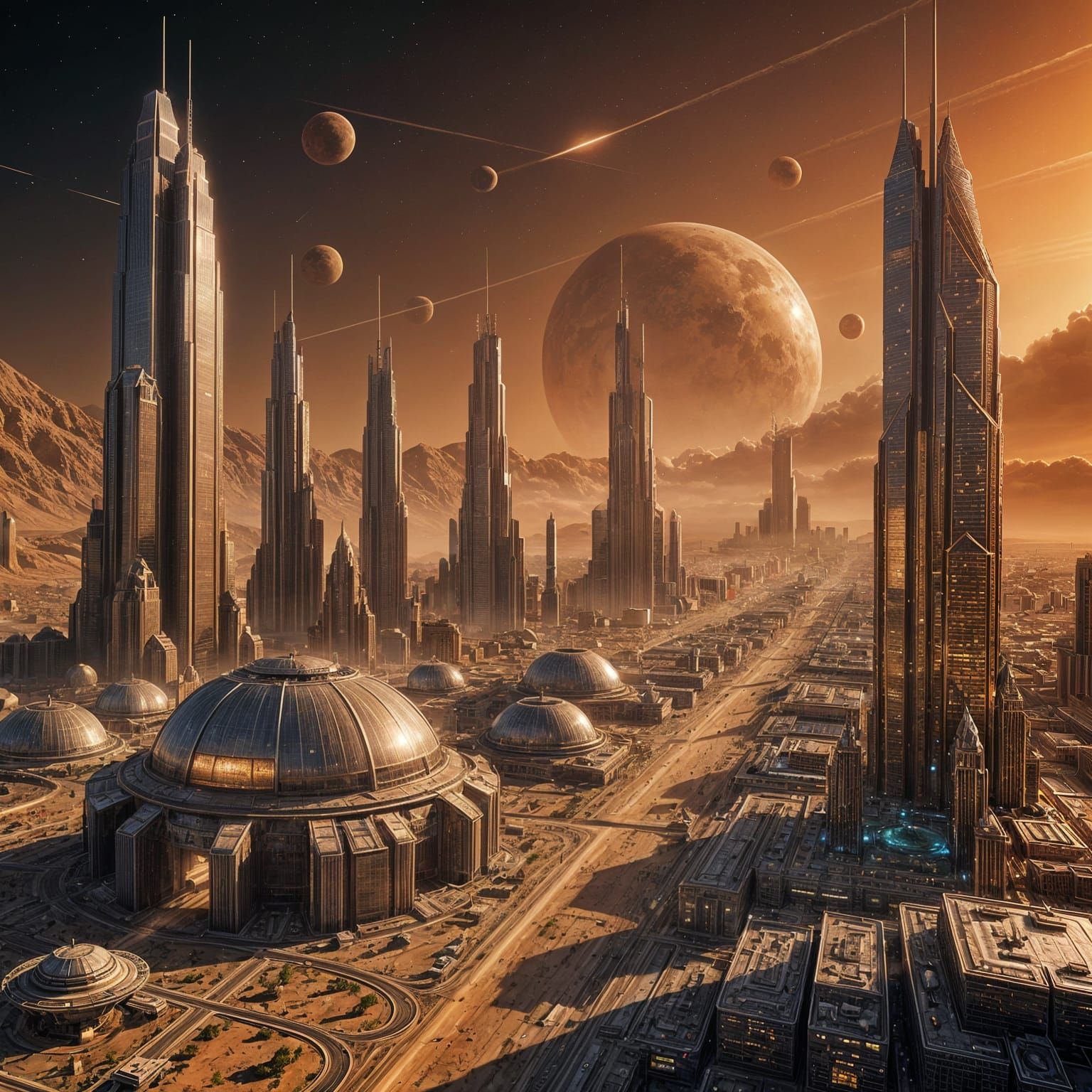 A mesmerizing realistic metallic shiny buildings and skyscrapers built on Mars, realism,bright lights coming from the buildings for security...