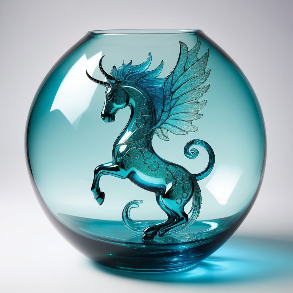 Create a delicate turquoise glass mythical creature. The translucent curves catch the light, shimmering ...  by @undefined