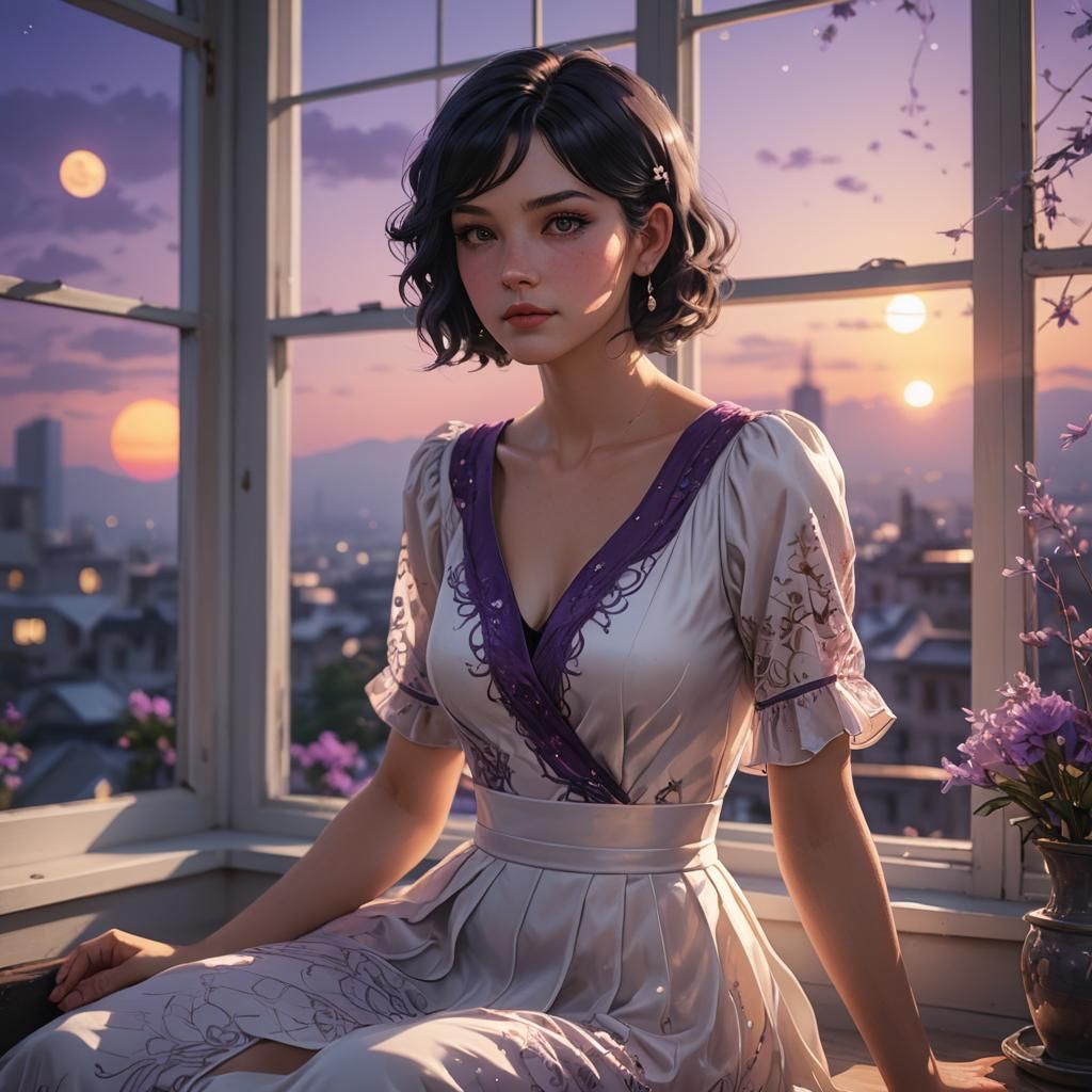 beautiful girl in a dress sitting by the window