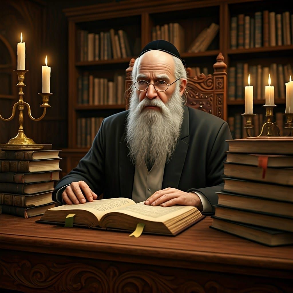 Mystical Rabbi in Exquisite Study with Golden Candlesticks