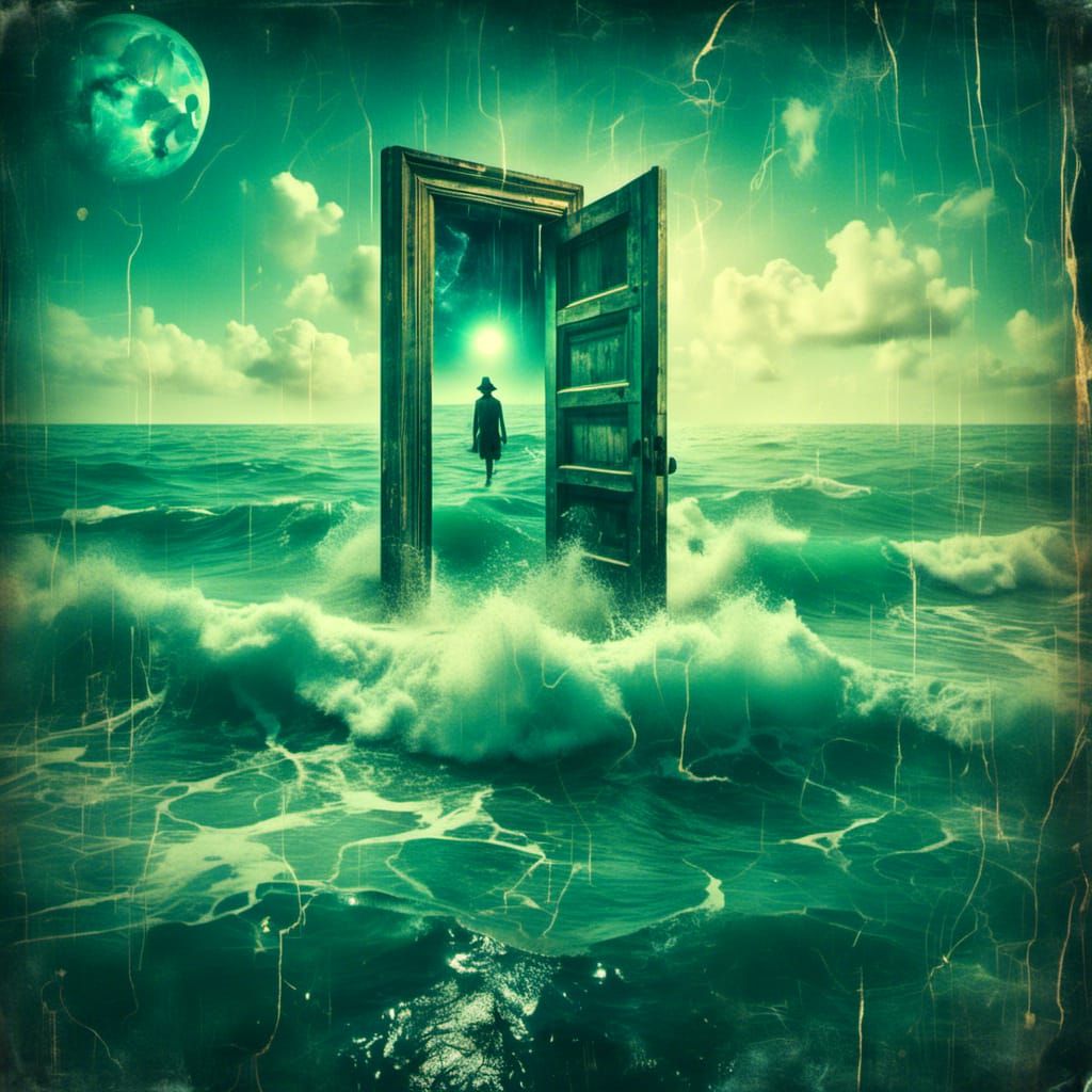  <lora:GrungeRetro2:1.0> A door standing alone in the middle of an endless ocean