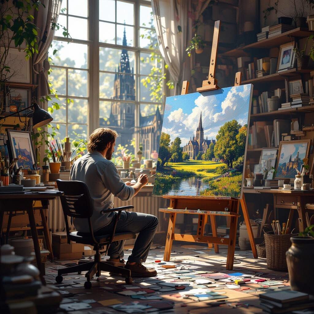 An artist sitting in their messy studio with an easel in front of them.  Doing a version of John Constable's Salisbury Cathedral from the Me...