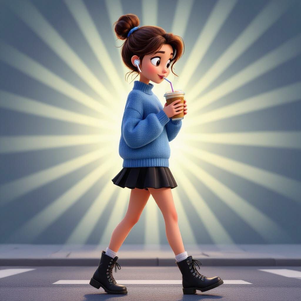 Teenage Girl Enjoys Iced Coffee in Pixar-Inspired City Scene