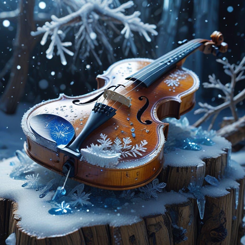 Ethereal Ice Violin on Snowy Stump in Fantasy Art