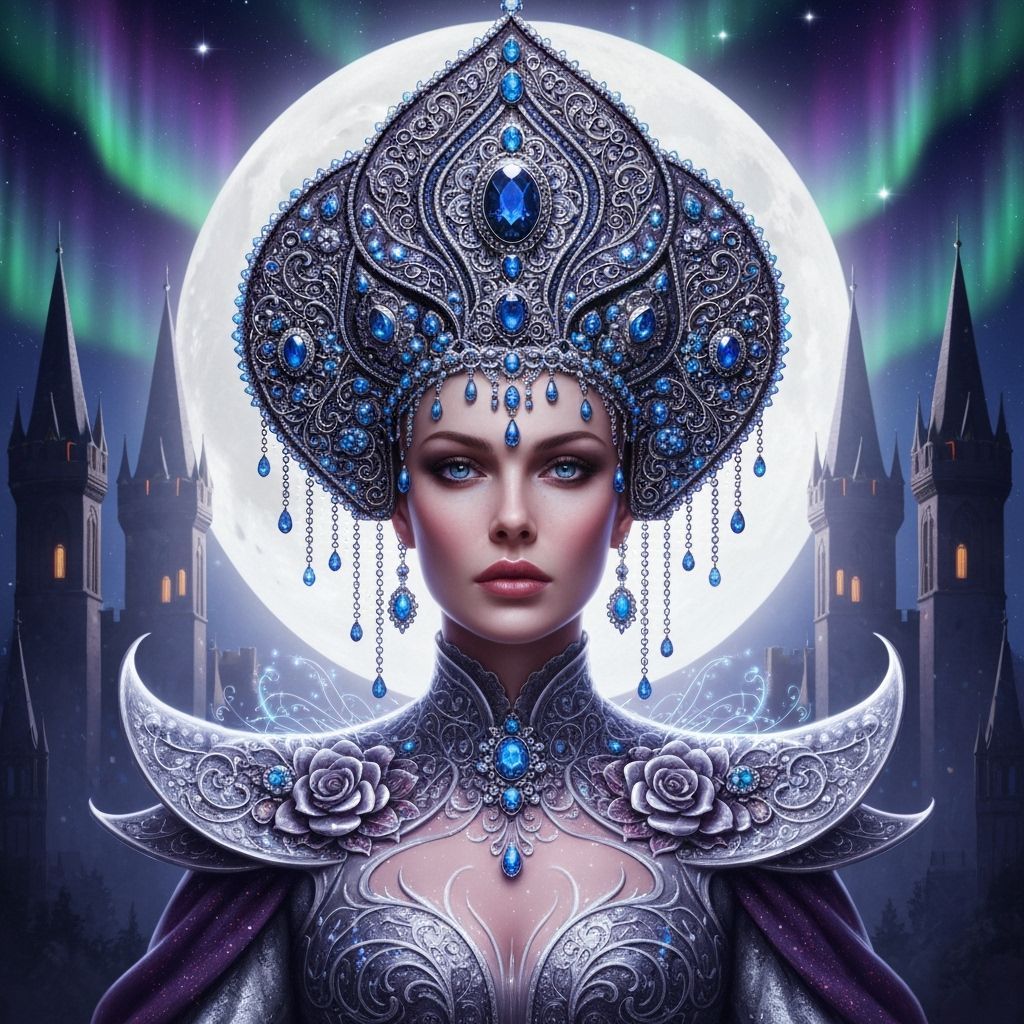 A majestic fantasy portrait of a queen wearing an elaborate Russian kokoshnik-style tiara, heavily adorned ...  by @Crowned Lioness