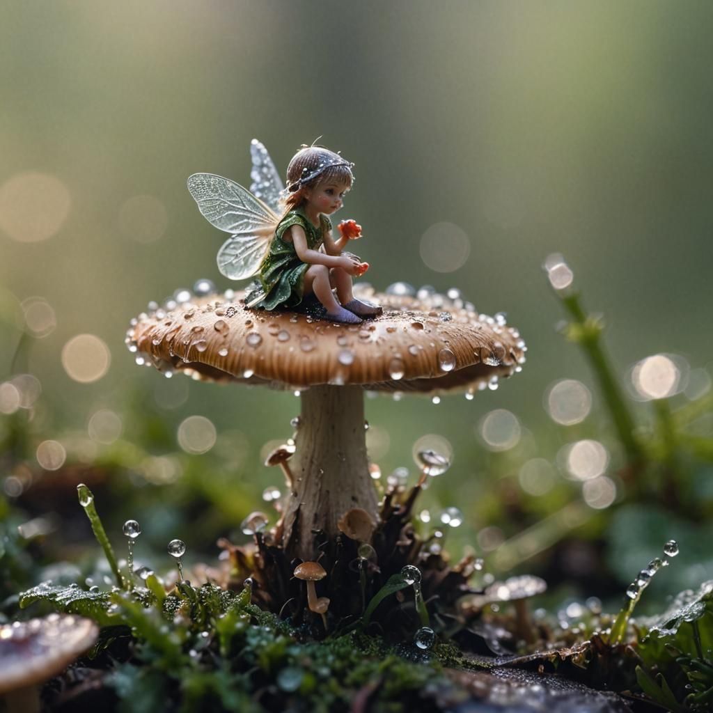 Macro photography of a tiny fairy sitting on a mushroom. Dew...