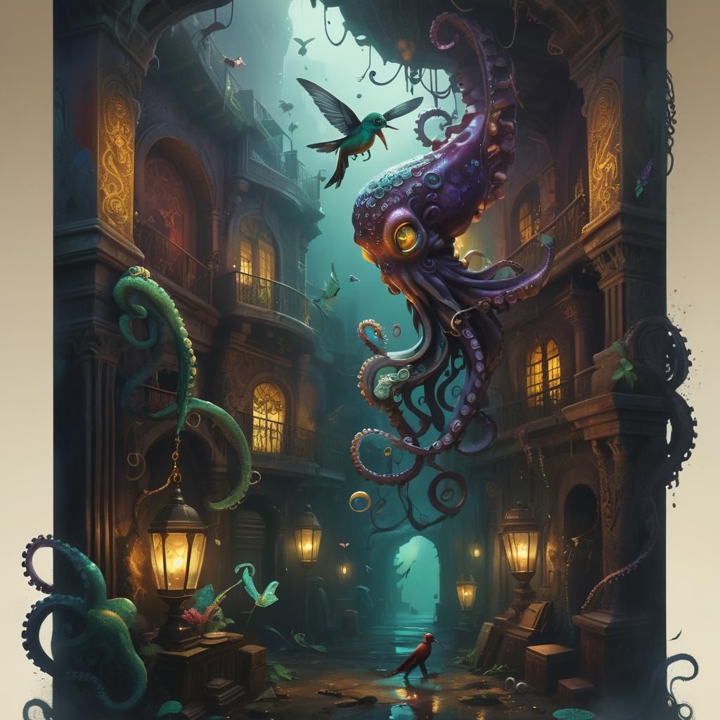 Epic Book octopus seahorse hummingbird Dark Academia