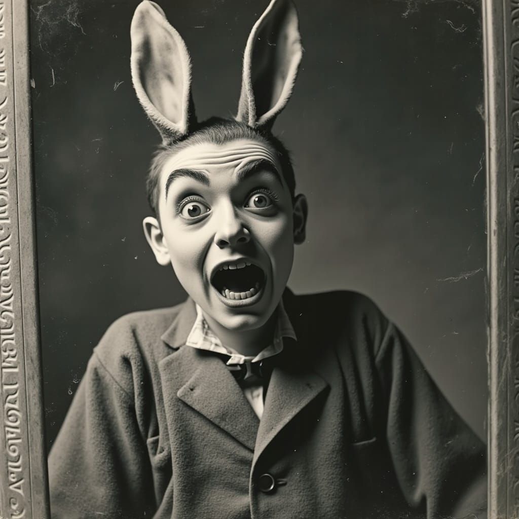 <lora:photo RPPC postcard:1.0> Claude Cahun black and white photo image of a mime in rabbit ears looking ...  by @Bill Wallace