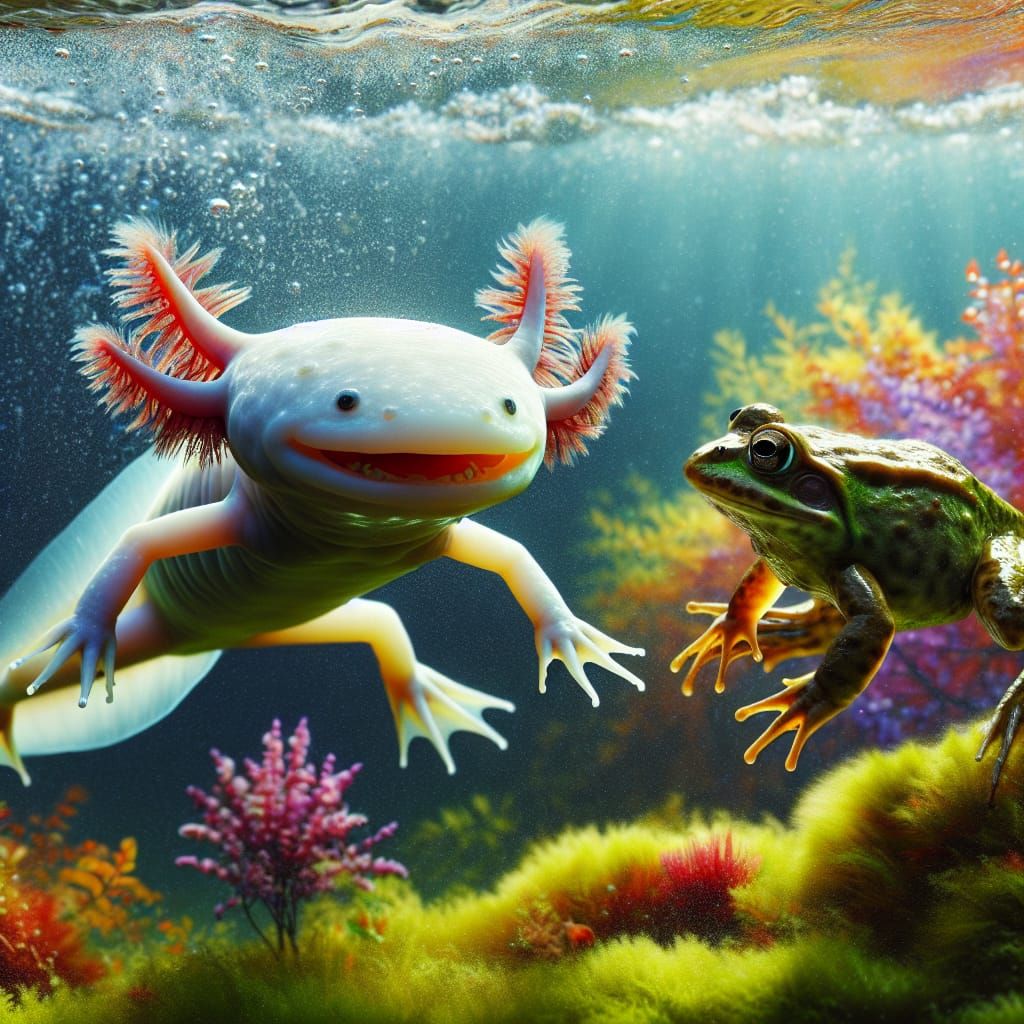 Axolotl swimming happily by with a frog