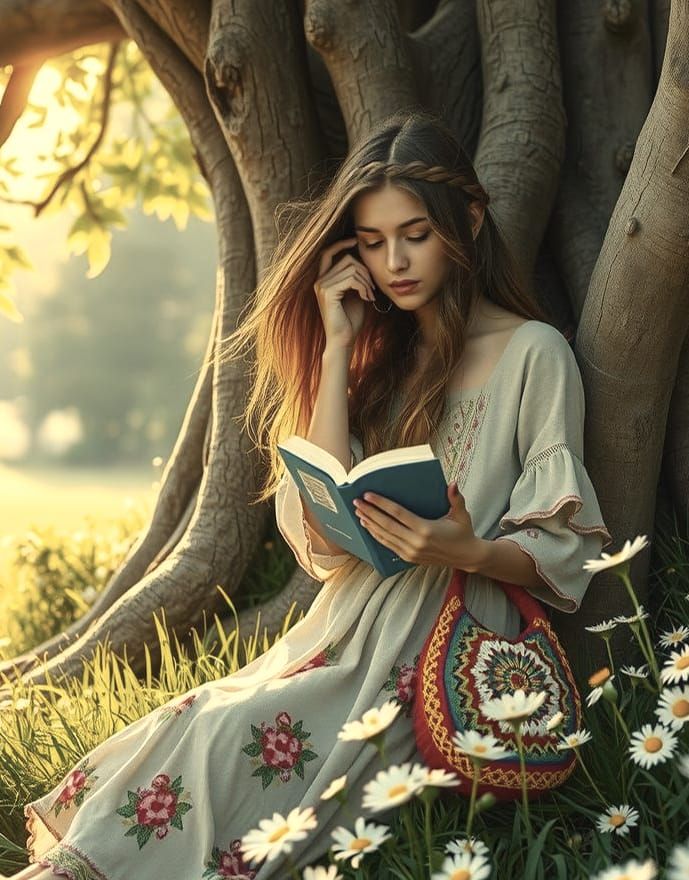 Hippie Girl Reading Book in 70s Watercolor Style