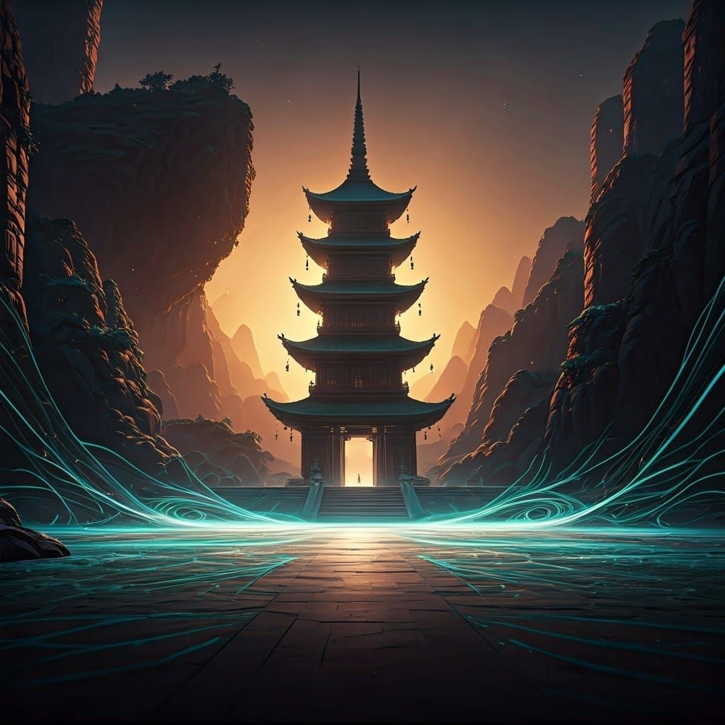 Intricate Pagoda Landscape with Cyberpunk Flair
