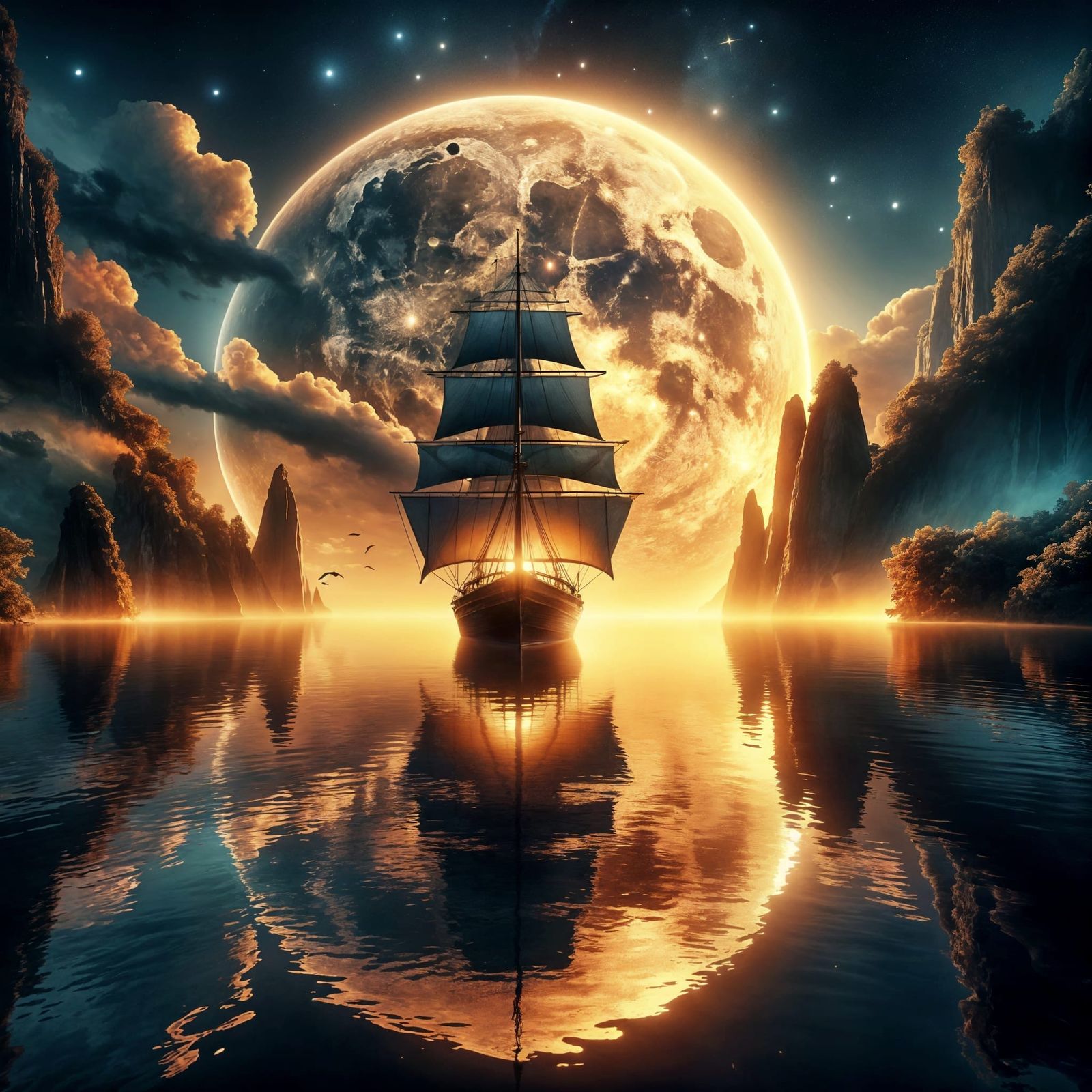A majestic fantasy ocean scene unfolds beneath a vast twilight sky. A timeless wooden sailing vessel ...  by @The Artlete 