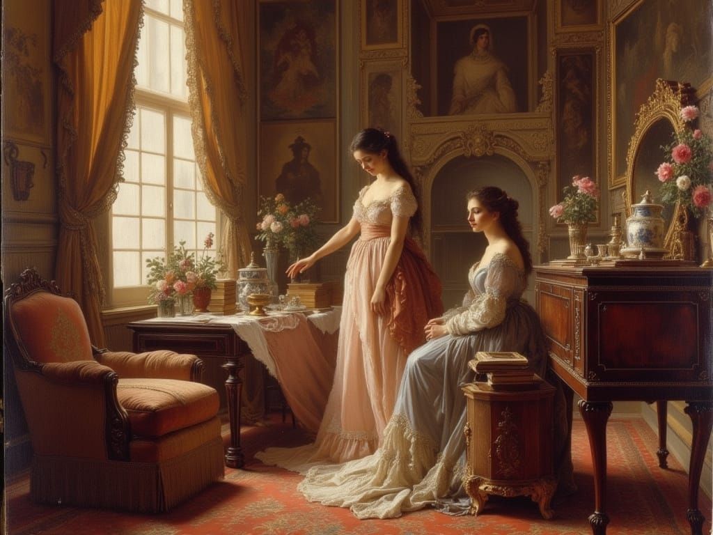 <lora:Concelo:1.0> in the style of an ancient shroud, depict an intimate 19th century French interior scene in the style of Alexandre-Evari...