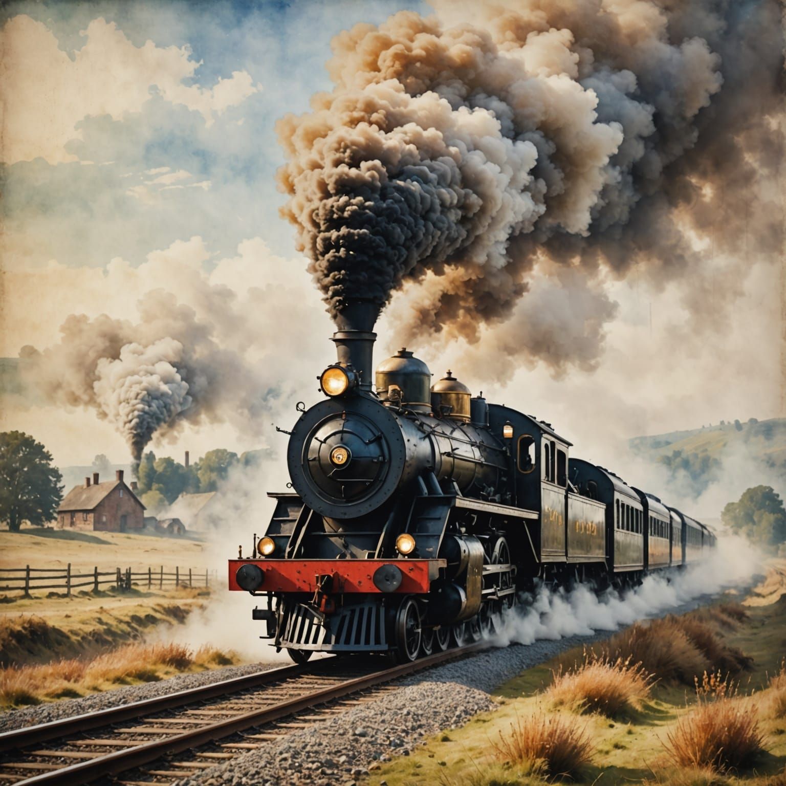 A vintage steam engine train chugging through a foggy landscape   by @Kallistratia