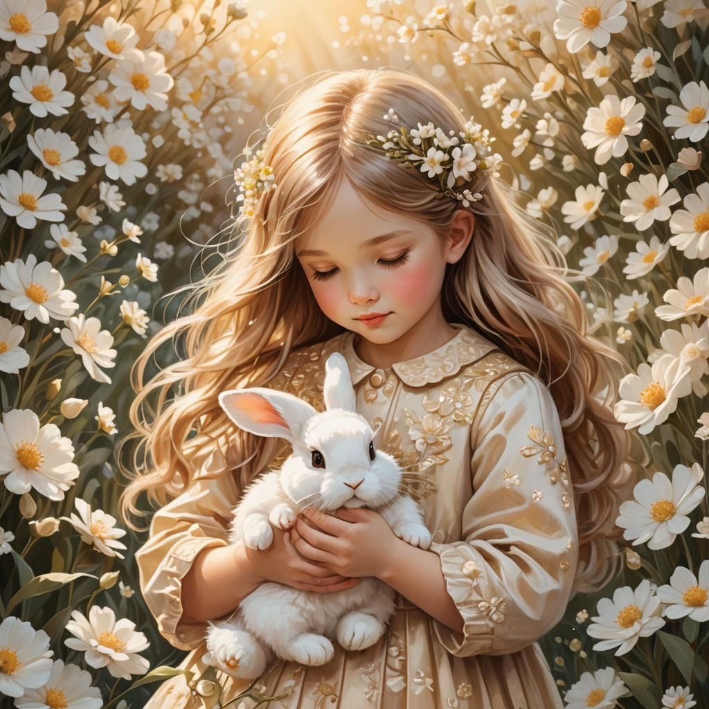 Girl with Rabbit in Whimsical Floral Illustration