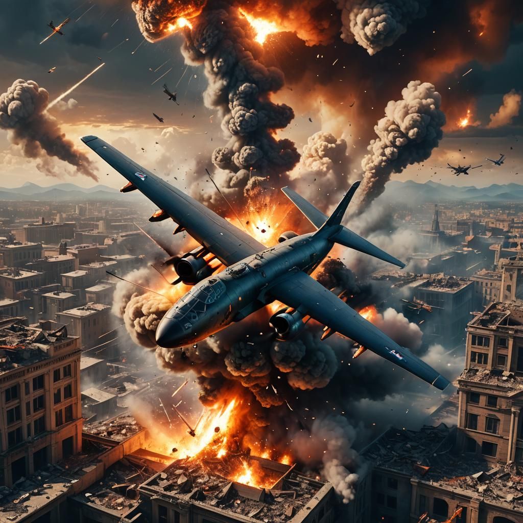 Military Bomber Destroys Building in Fantasy Concept Art