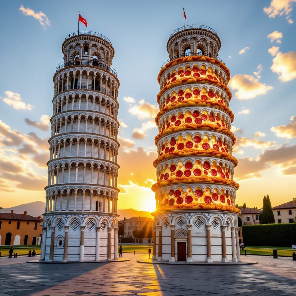 Leaning Tower of Pisa Next to a Pizza Tower in Hyperrealisti...