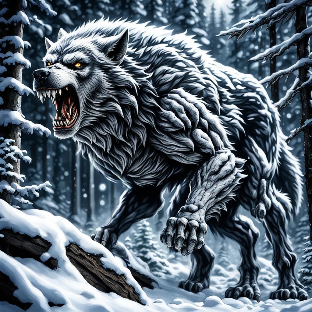 Werewolf hunting his prey in a snowy dark forest ken Kelley - AI ...