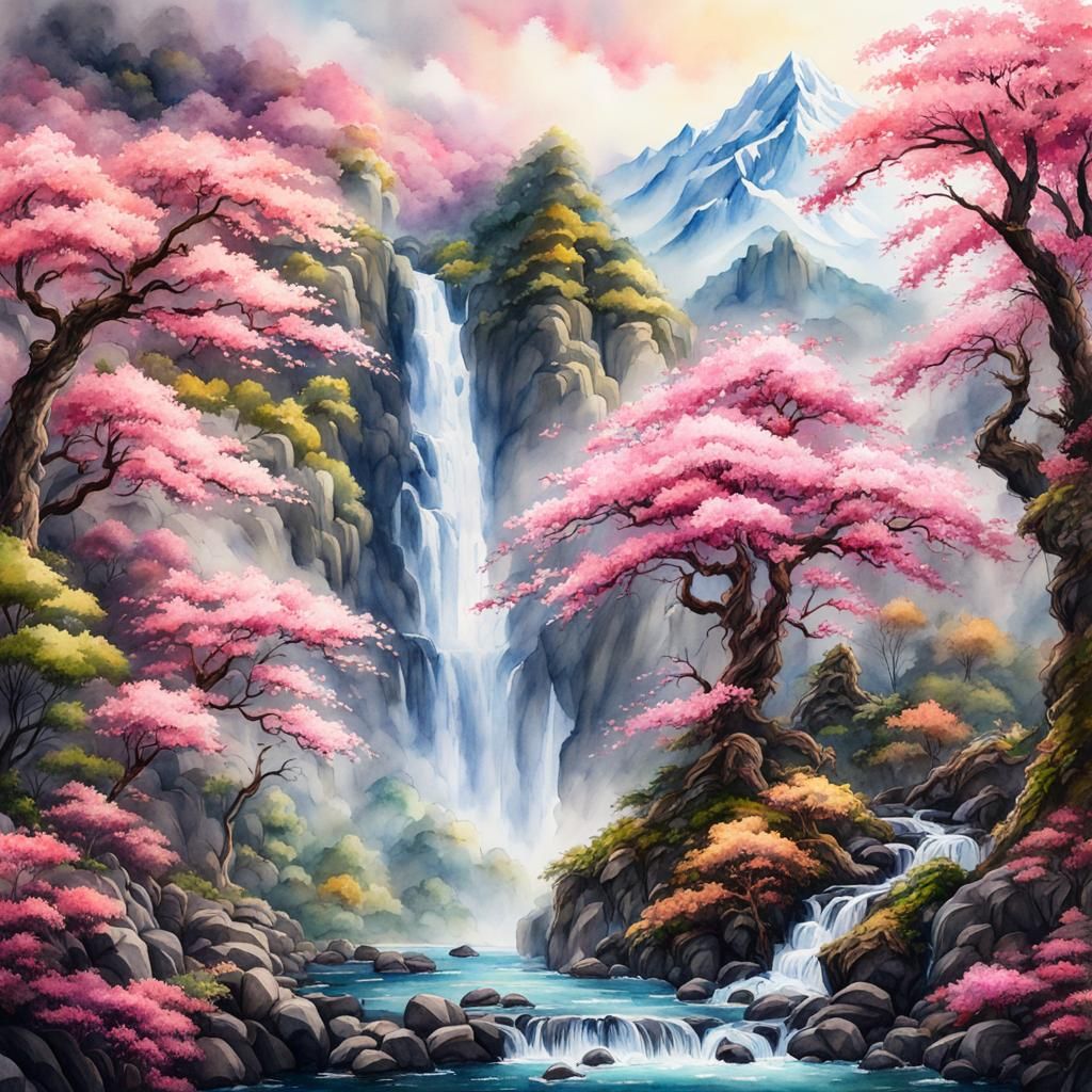 Waterfall in mountainscape  by @ChaChaMeLeon