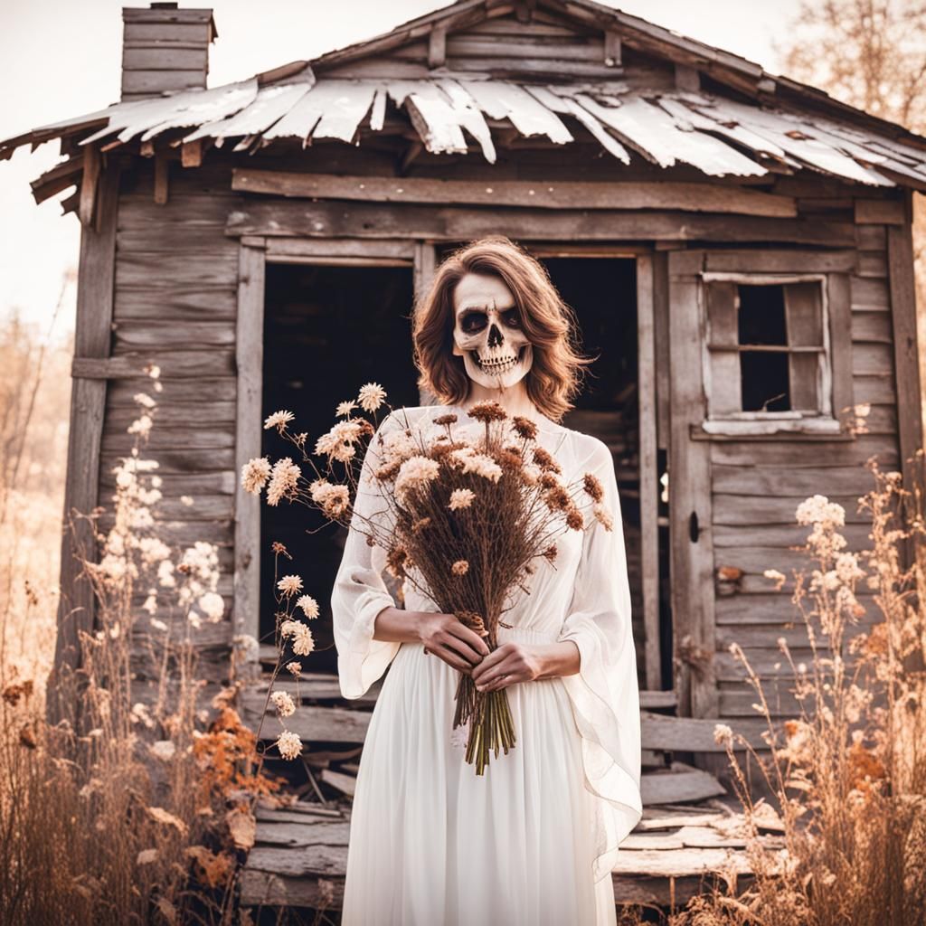 beautiful sinister smiling woman standing near an old cabin ...