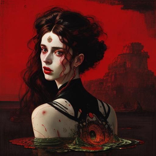 The birth of Venus, toxic palette of red and black tones, un...