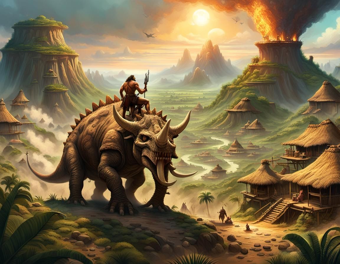 Caveman on Triceratops: Tribal Village Concept Art