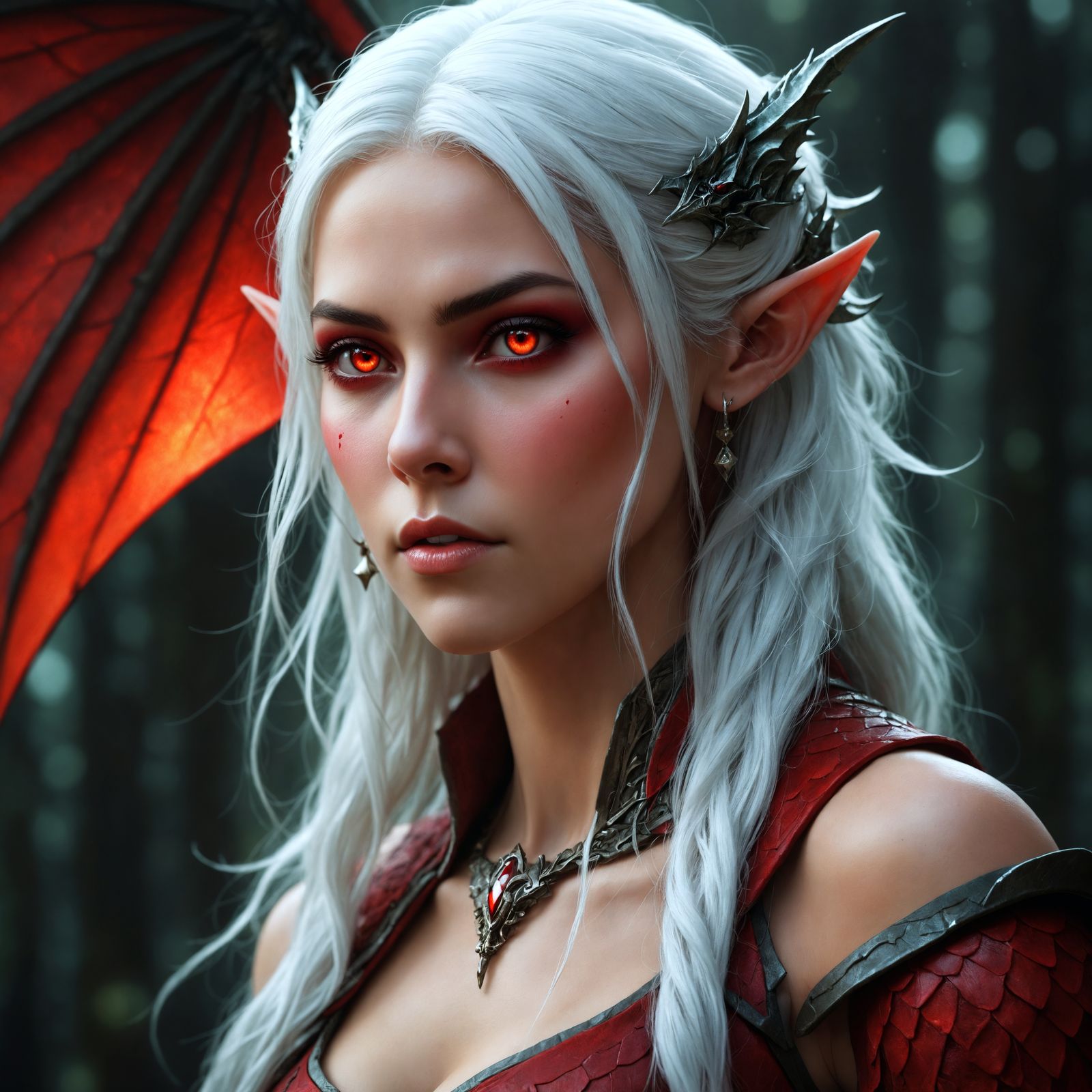 white hair elf, 25 years old, woman, red eye, red dragon sca...
