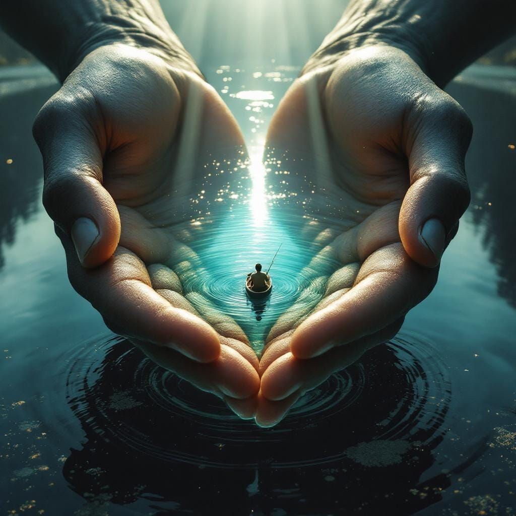 Two giant hands cupping a crystal-clear lake reflecting the light   by @Rose 