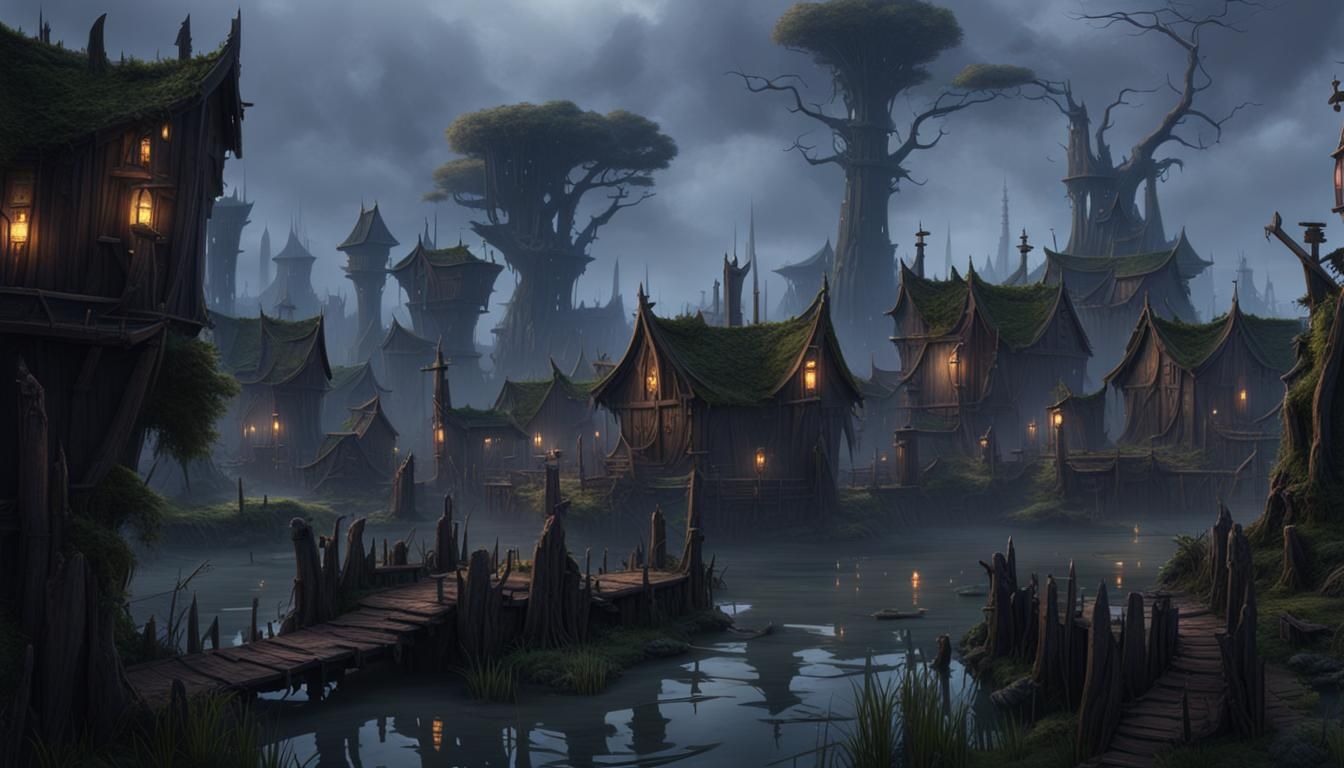 Dark fantasy goblin city in a swamp surrounded by wooden stockade - AI ...