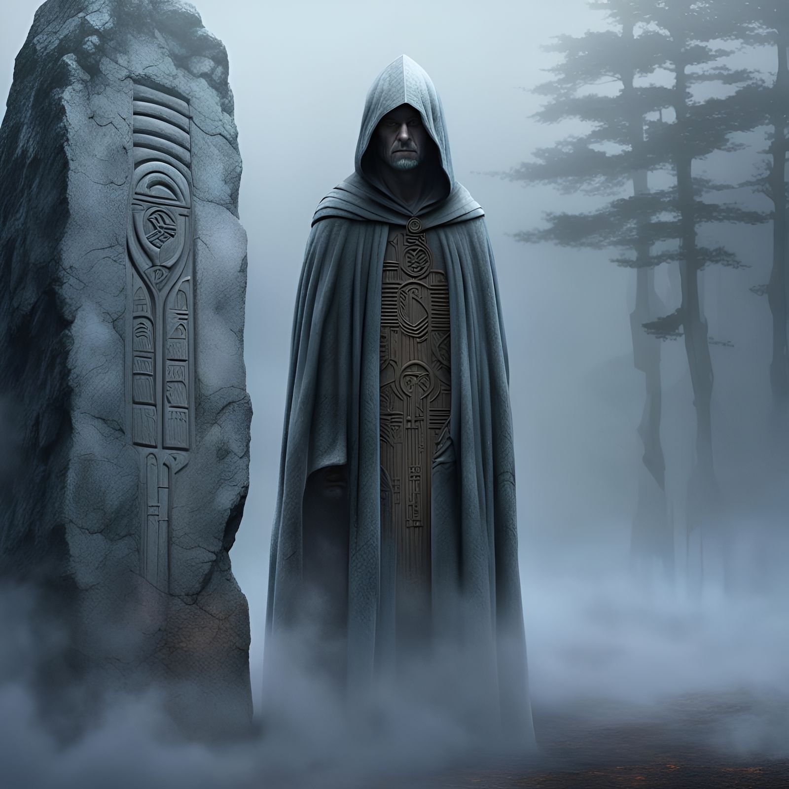 standing stones ogham rune carvings, figure in grey cloak sh...