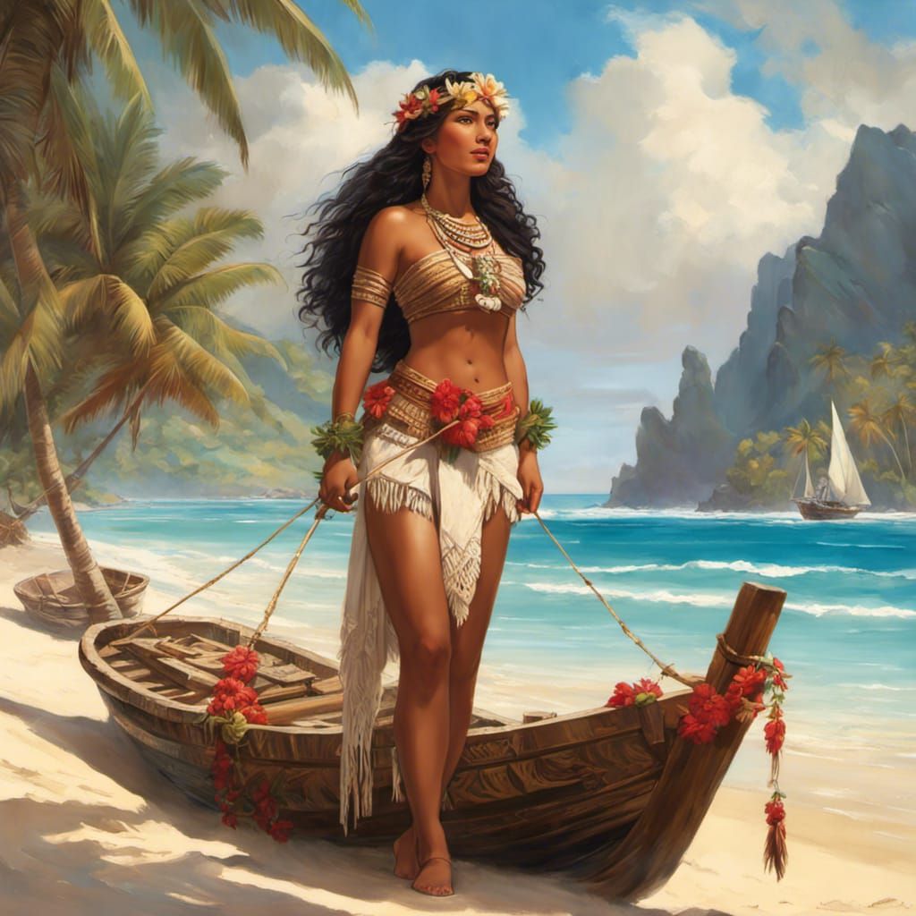 a beautiful native Polynesian or Micronesian lady like moana  in native clothing on a Tropical Beach, ...  by @Openly Curious