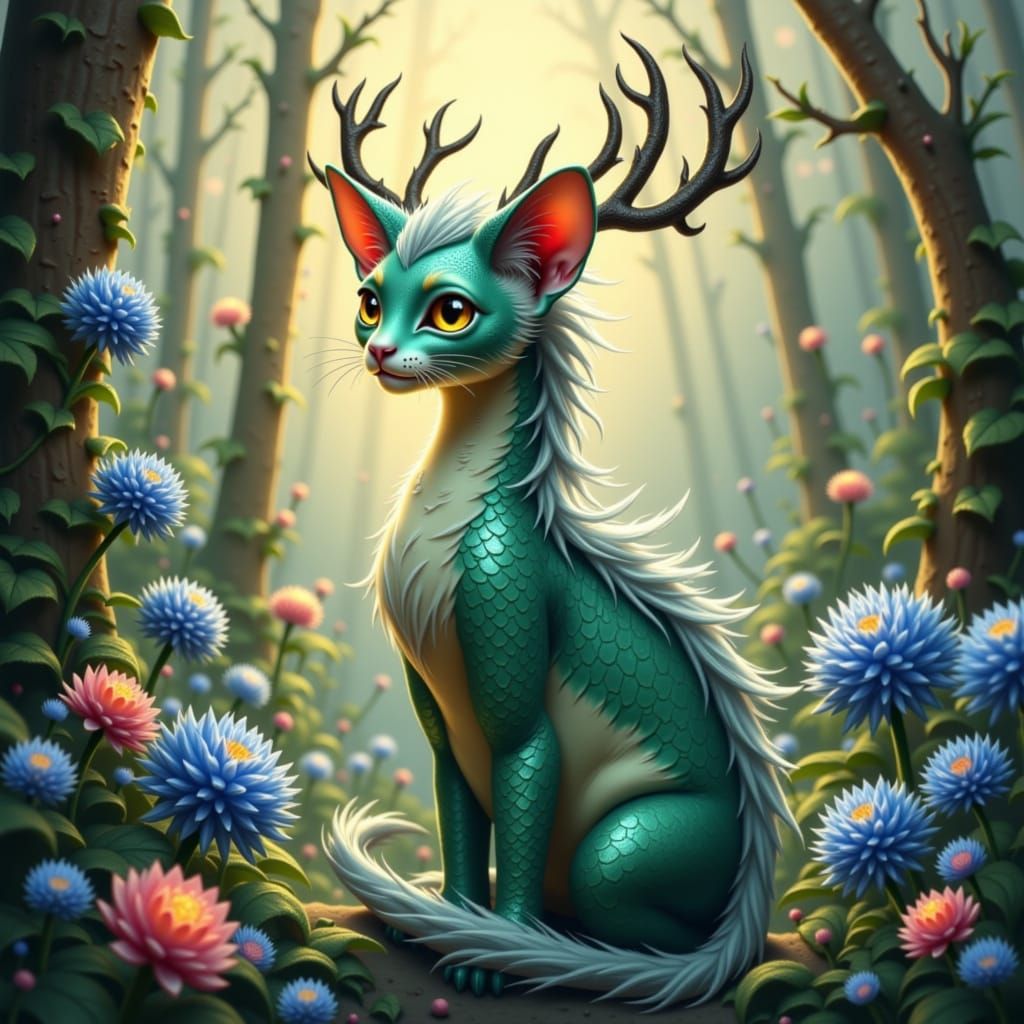 Majestic blue-grey and white dragon-cat hybrid with iridescent green scales that shimmer like polished jade, and plush, soft fur that gradat...