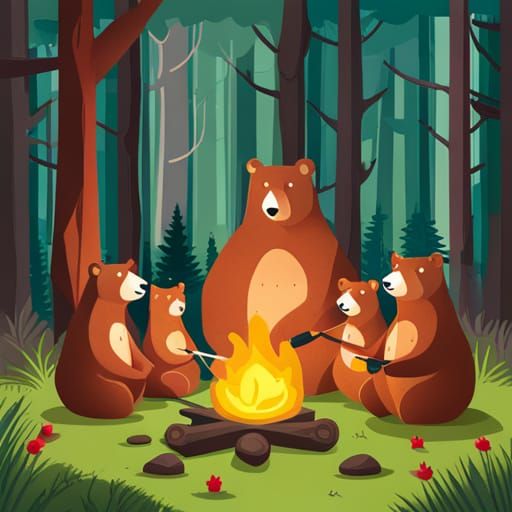 A family of bears seated around a campfire roasting marshmallows  by @Katharine Osborne