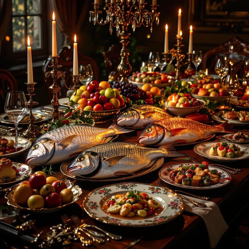 Opulent Feast: Golden Fish, Candles, and Jewels