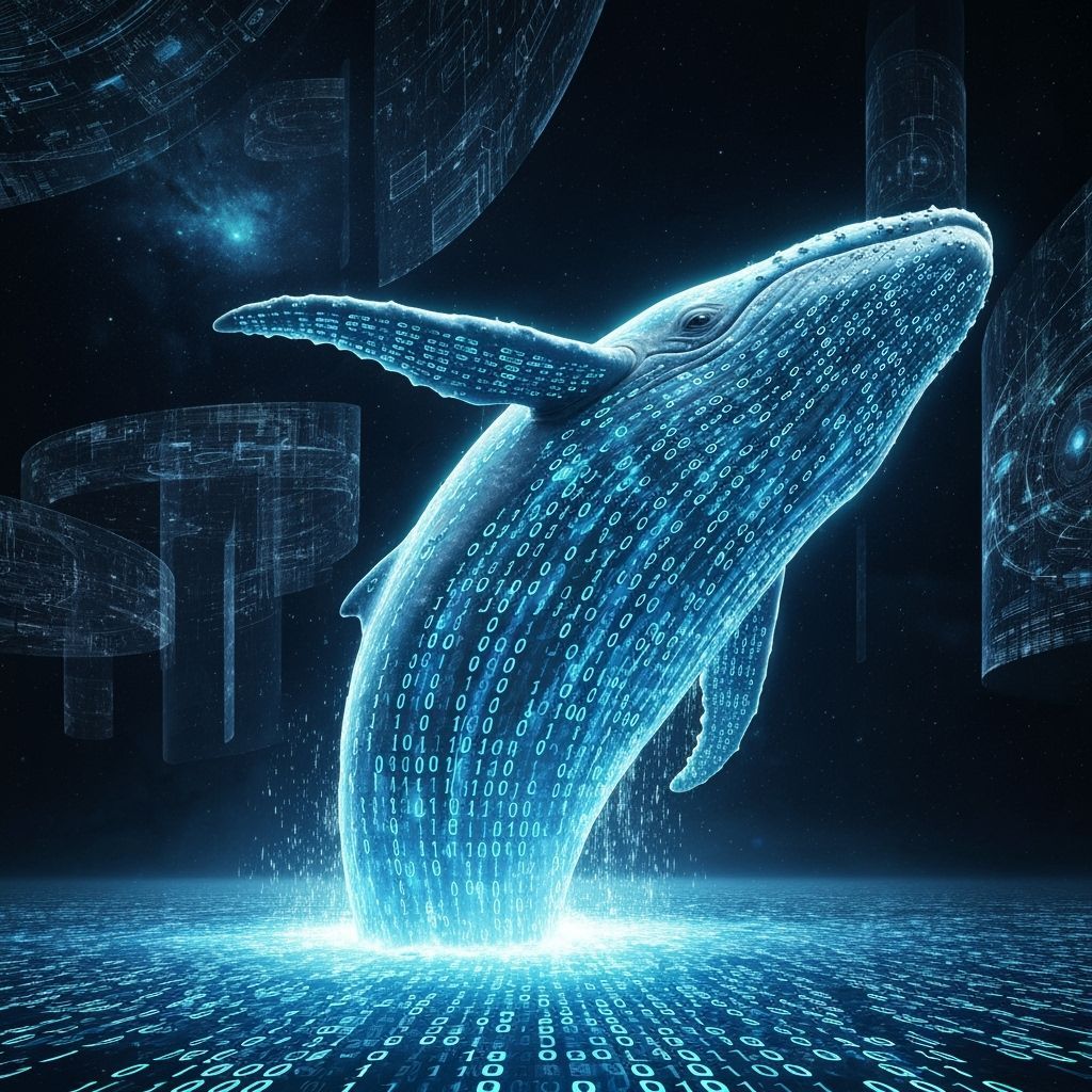 A colossal, ancient whale breaches from a sea of pure, glowing binary code. Its skin is a mosaic of shifting ...  by @Chaim