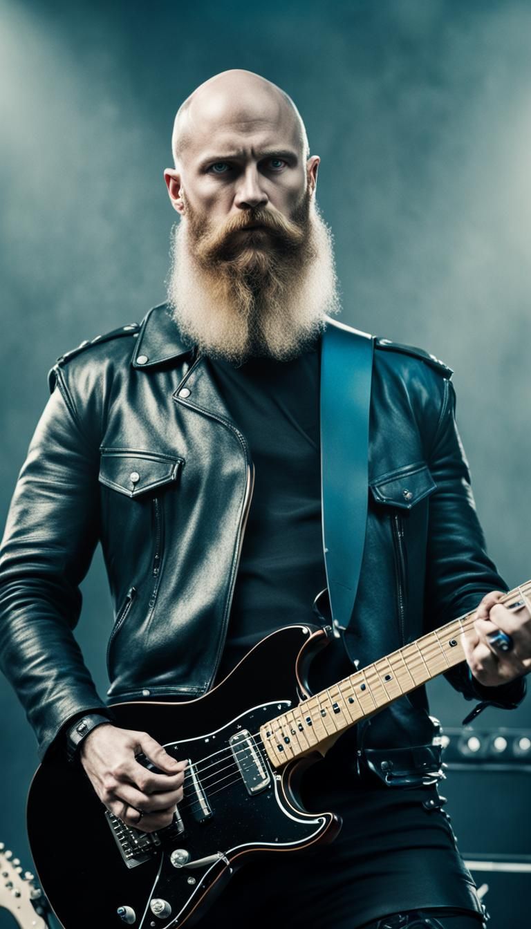 Slavic guy, young hairy man, hairy chest, big blonde beard and balded,  rocker, leather outfit, electric guitar, bright blue eyes, Cinematic... -  AI Generated Artwork - NightCafe Creator