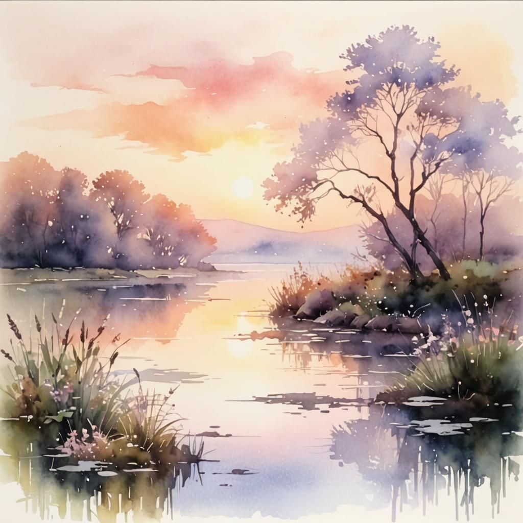 Lake at dawn, watercolor