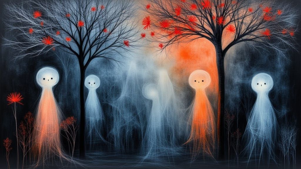 abstract mixed media composition in the style of Paul Klee featuring whimsical ghosts in a haunted forest, and a sinister use of color evoki...