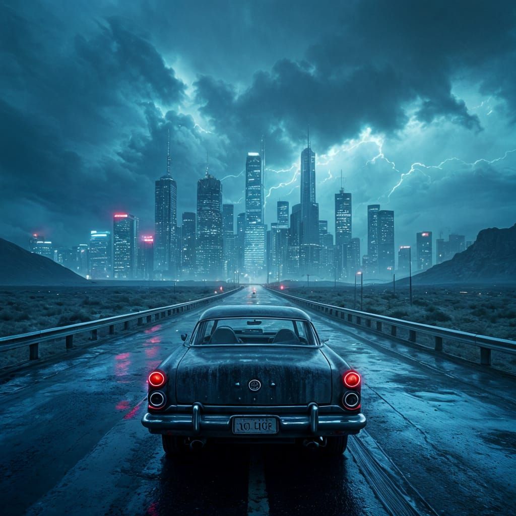 A lone, weathered vintage car parked on a desolate, futuristic highway stretching towards a neon-drenched cityscape under a stormy, alien sk...