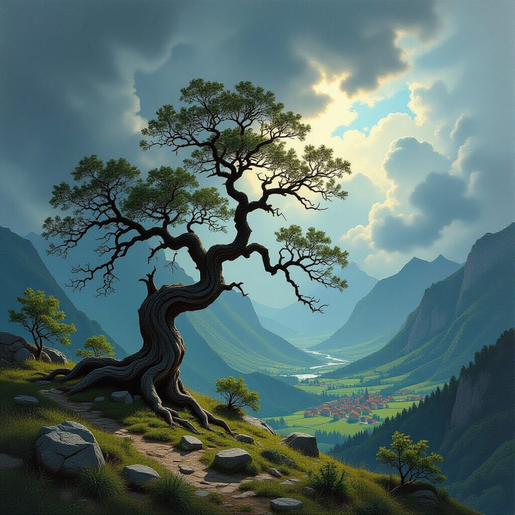 A lone, ancient tree stands defiantly on a windswept mountain peak, its gnarled branches reaching towards a stormy, bruised sky. Below, a va...