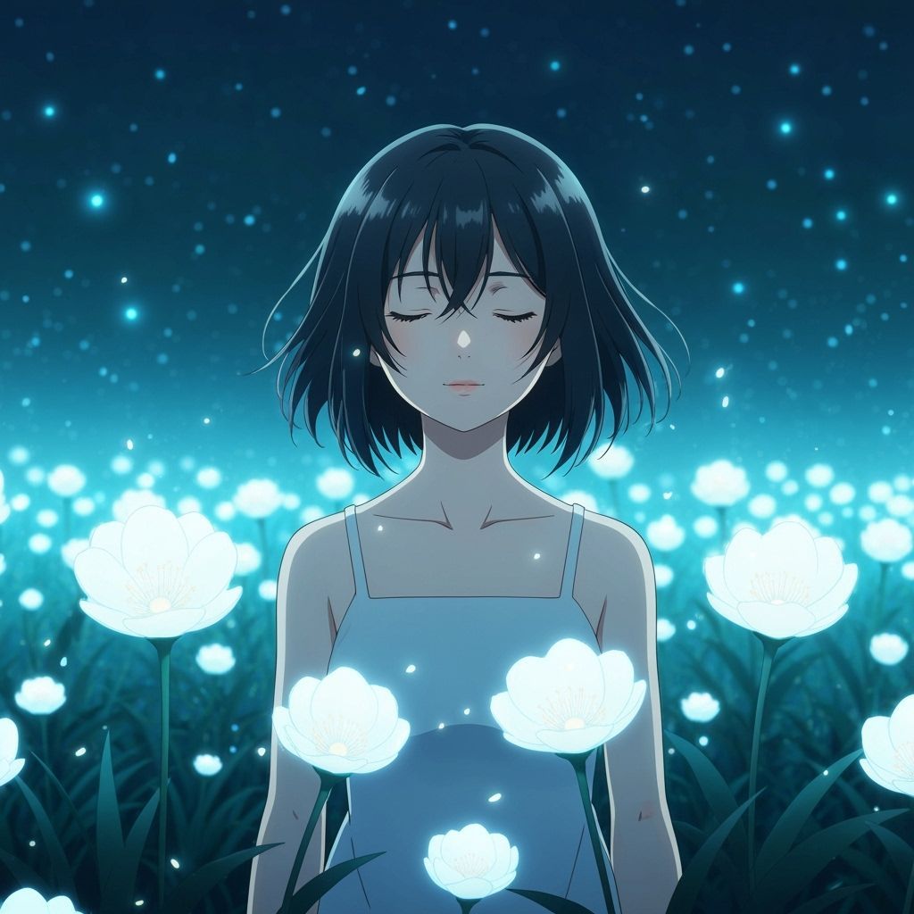 Anime Girl Meditating in Bioluminescent Flower Field